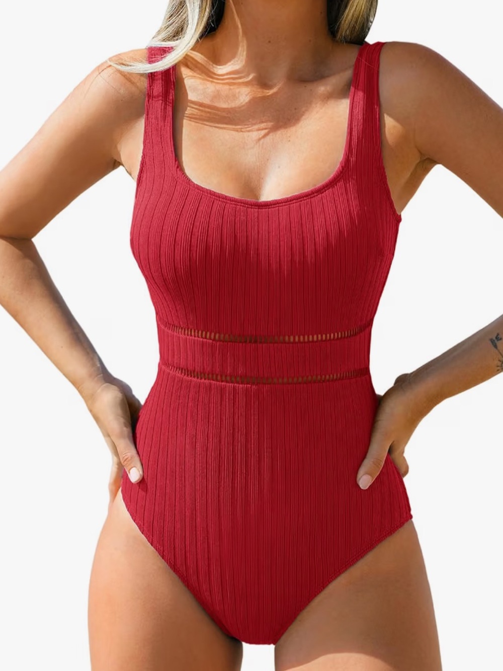 NWT CUPSHE Textured Scoop Neck One Piece Swimsuit Red M